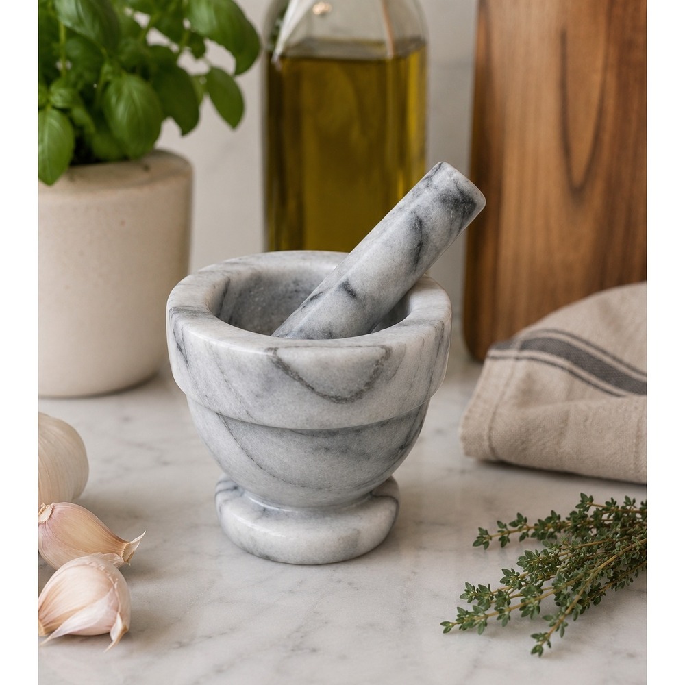Marble Mortar and Pestle Set Natural Stone Spice Herb Grinder Pedestal